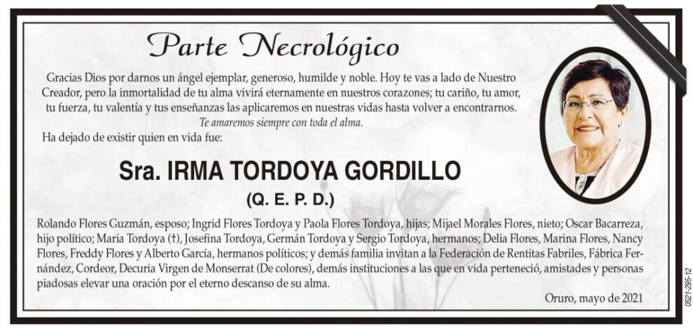 Necrológico de Irma Tordoya Gordillo