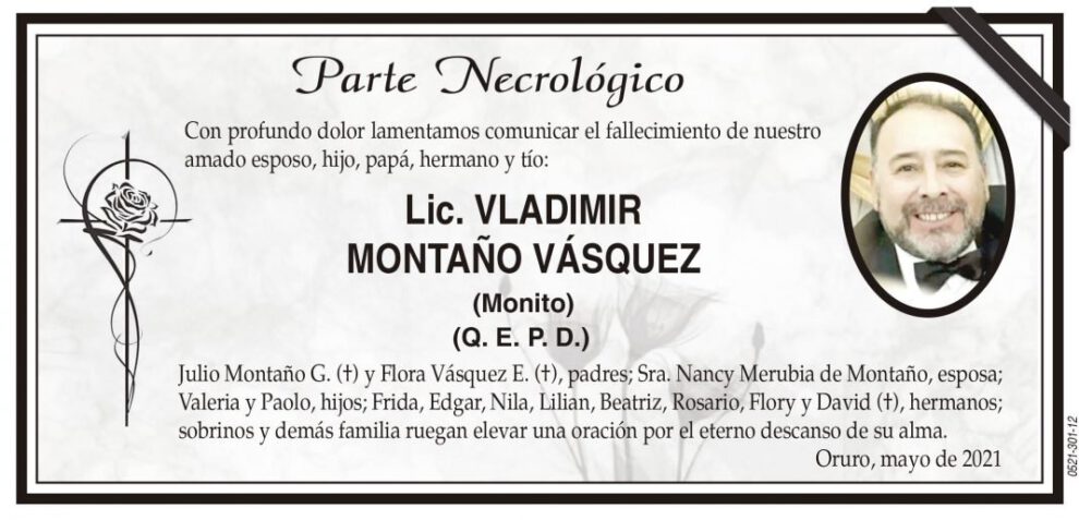 Parte Necrológico de Lic. Vladimir Montaño Vásquez