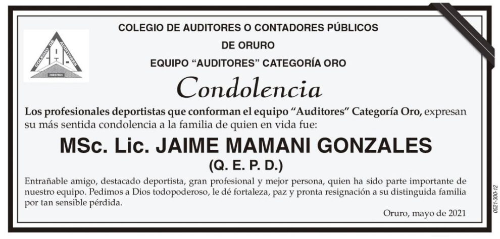 Condolencia por la muerte de Jaime Mamani Gonzales