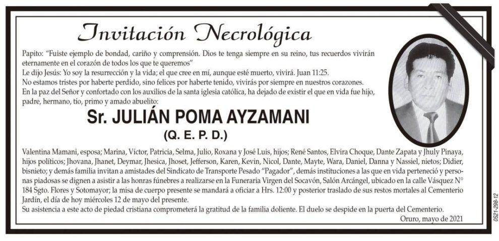 Invitación Necrológica para Julián Poma Ayzamani