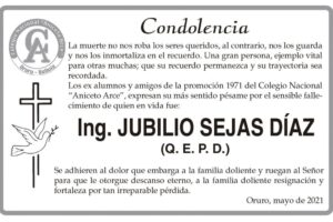 Condolencias por el fallecimiento de Ing. Jubilio Sejas Díaz
