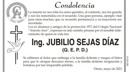 Condolencias por el fallecimiento de Ing. Jubilio Sejas Díaz