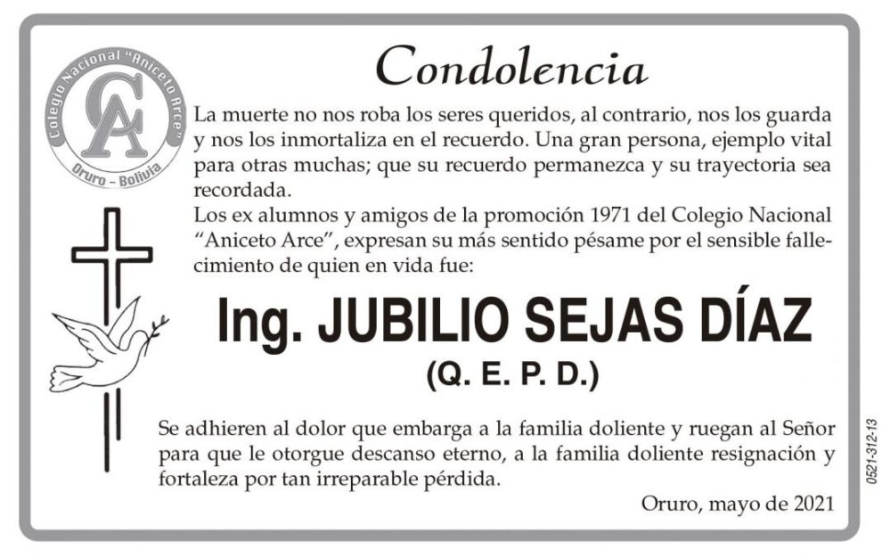 Condolencias por el fallecimiento de Ing. Jubilio Sejas Díaz