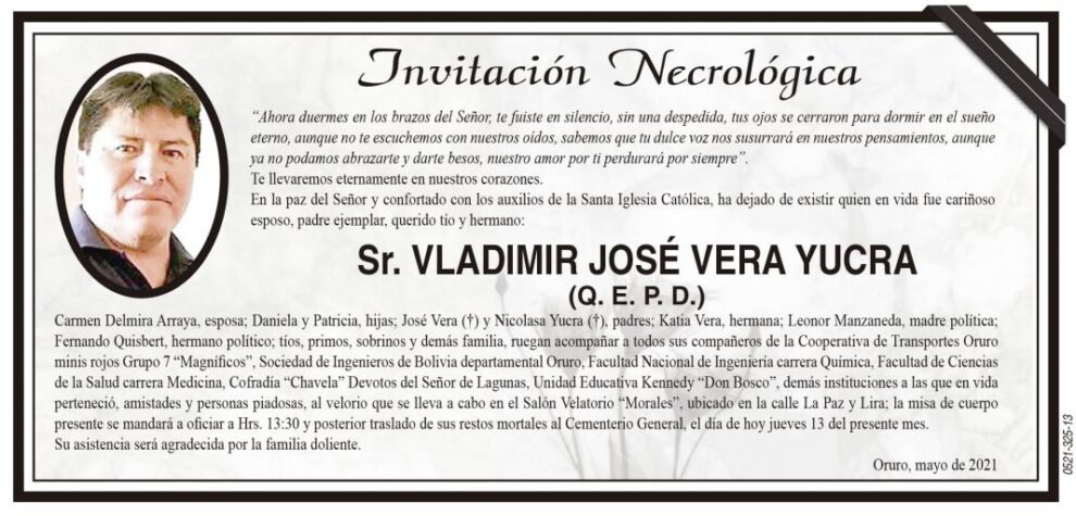 Invitación Necrológica para Vladimir José Vera Yucra