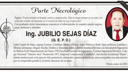 Necrológico de Ing. Jubilio Sejas Díaz