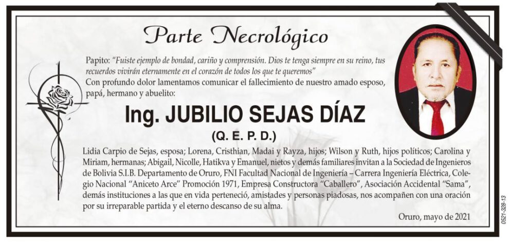 Necrológico de Ing. Jubilio Sejas Díaz