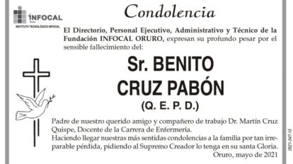 Condolencia por el fallecimiento de Benito Cruz Pabón