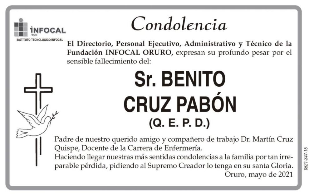 Condolencia por el fallecimiento de Benito Cruz Pabón