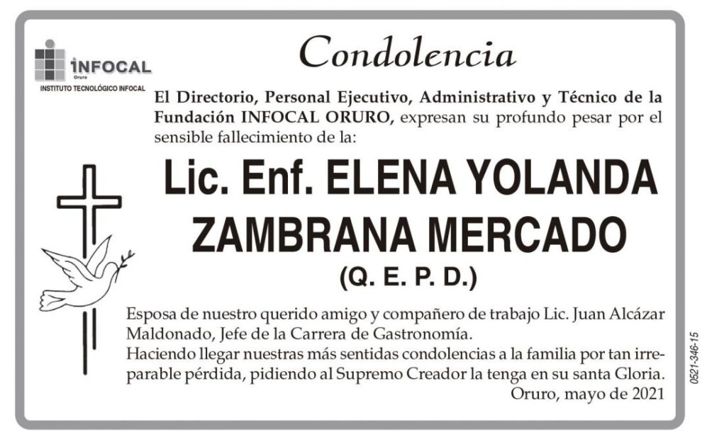Condolencia por Lic. Enf. Elena Yolanda Zambrana Mercado