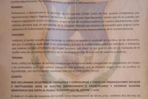Pronunciamiento del Comité Cívico de Oruro sobre la defensa de la democracia