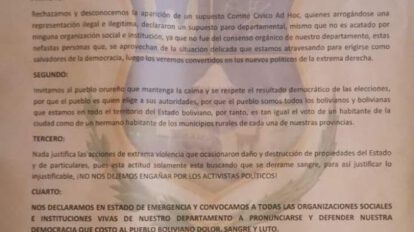 Pronunciamiento del Comité Cívico de Oruro sobre la defensa de la democracia