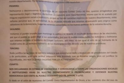 Pronunciamiento del Comité Cívico de Oruro sobre la defensa de la democracia