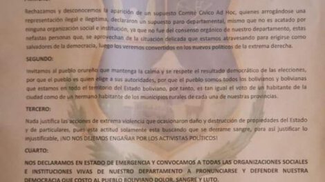 Pronunciamiento del Comité Cívico de Oruro sobre la defensa de la democracia