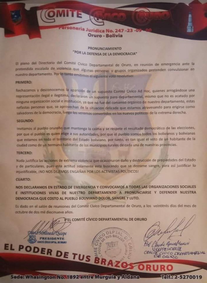 Pronunciamiento del Comité Cívico de Oruro sobre la defensa de la democracia
