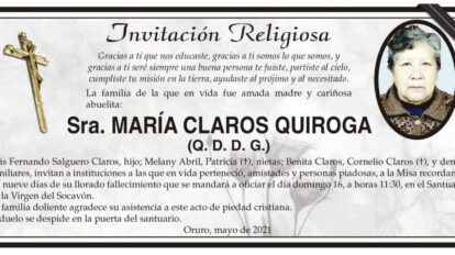 Invitación Religiosa para Sra. María Claros Quiroga