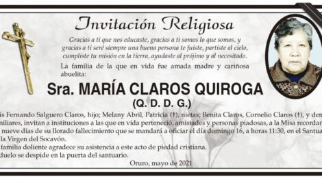 Invitación Religiosa para Sra. María Claros Quiroga