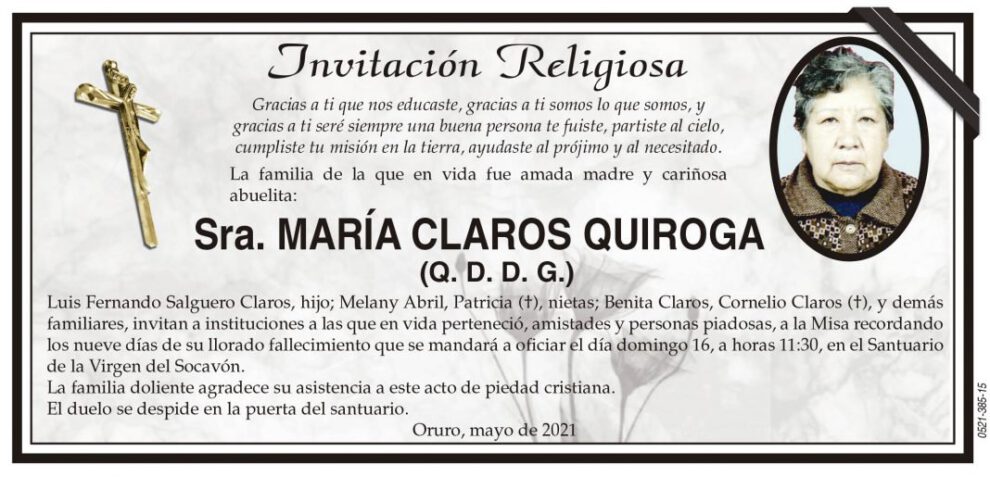 Invitación Religiosa para Sra. María Claros Quiroga