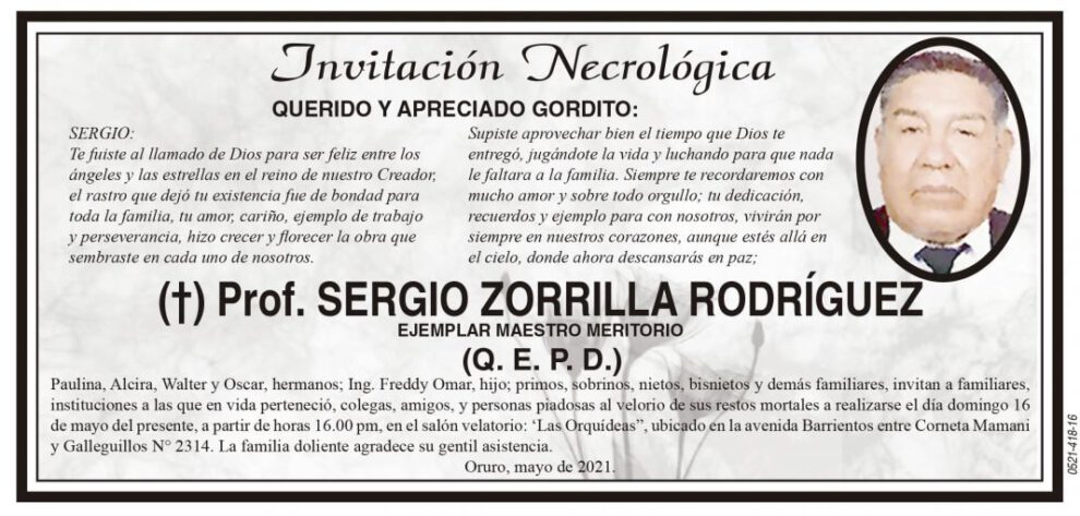 Invitación Necrológica: Prof. Sergio Zorrilla Rodríguez