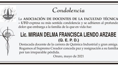 Condolencia por la Lic. Mirian Delma Francisca Liendo Arzabe