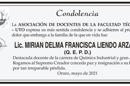Condolencia por la Lic. Mirian Delma Francisca Liendo Arzabe