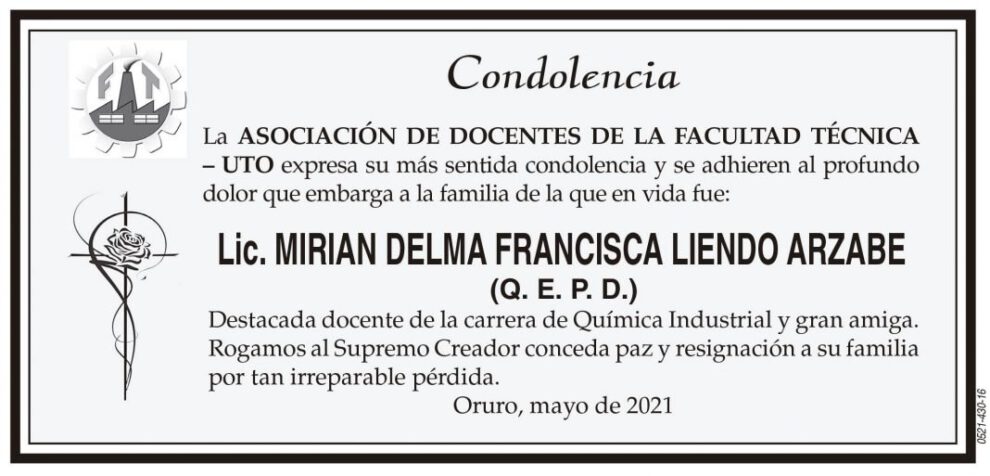 Condolencia por la Lic. Mirian Delma Francisca Liendo Arzabe