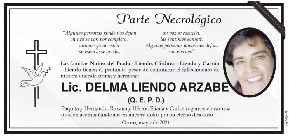 Parte Necrológico: Lic. Delma Liendo Arzabe
