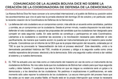 Comunicado sobre la segunda vuelta en Bolivia