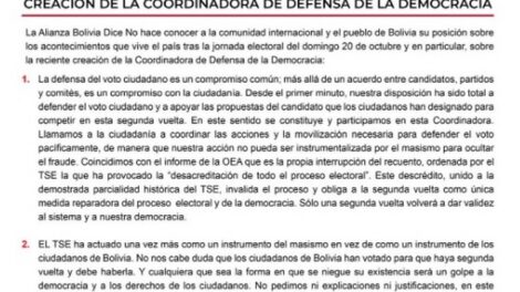 Comunicado sobre la segunda vuelta en Bolivia