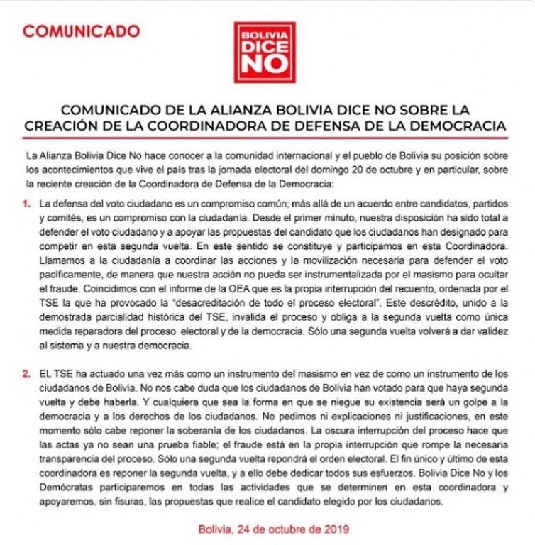 Comunicado sobre la segunda vuelta en Bolivia
