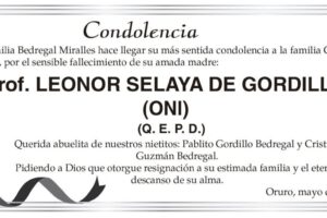 Condolencia por el fallecimiento de Prof. Leonor Selaya de Gordillo