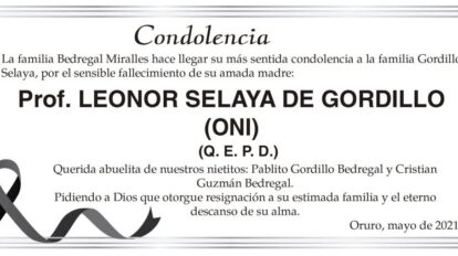 Condolencia por el fallecimiento de Prof. Leonor Selaya de Gordillo