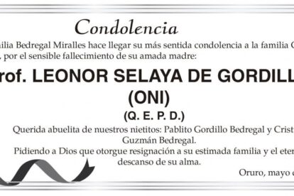 Condolencia por el fallecimiento de Prof. Leonor Selaya de Gordillo
