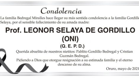 Condolencia por el fallecimiento de Prof. Leonor Selaya de Gordillo