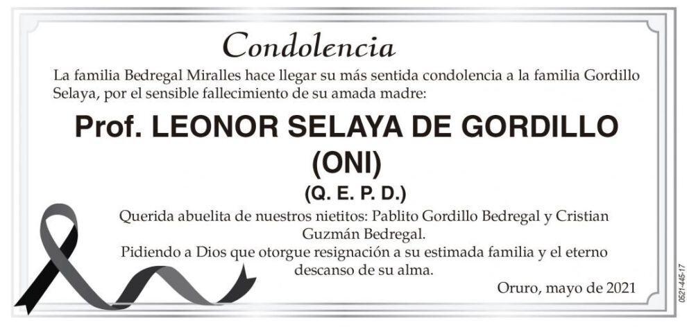 Condolencia por el fallecimiento de Prof. Leonor Selaya de Gordillo