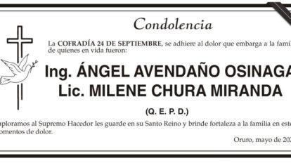 Condolencia por Ing. Ángel Avendaño Osinaga Lic. Milene Chura Miranda
