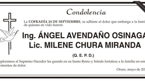 Condolencia por Ing. Ángel Avendaño Osinaga Lic. Milene Chura Miranda