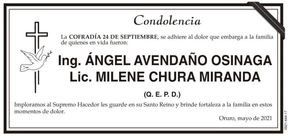 Condolencia por Ing. Ángel Avendaño Osinaga Lic. Milene Chura Miranda