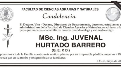 Condolencia por la pérdida de Juvenal Hurtado Barrero
