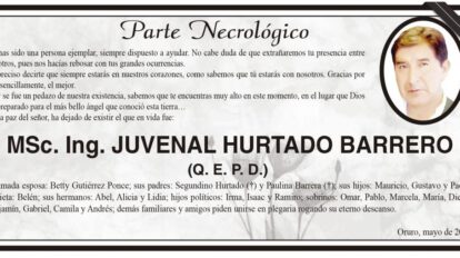 Parte Necrológico de Juvenal Hurtado Barrero