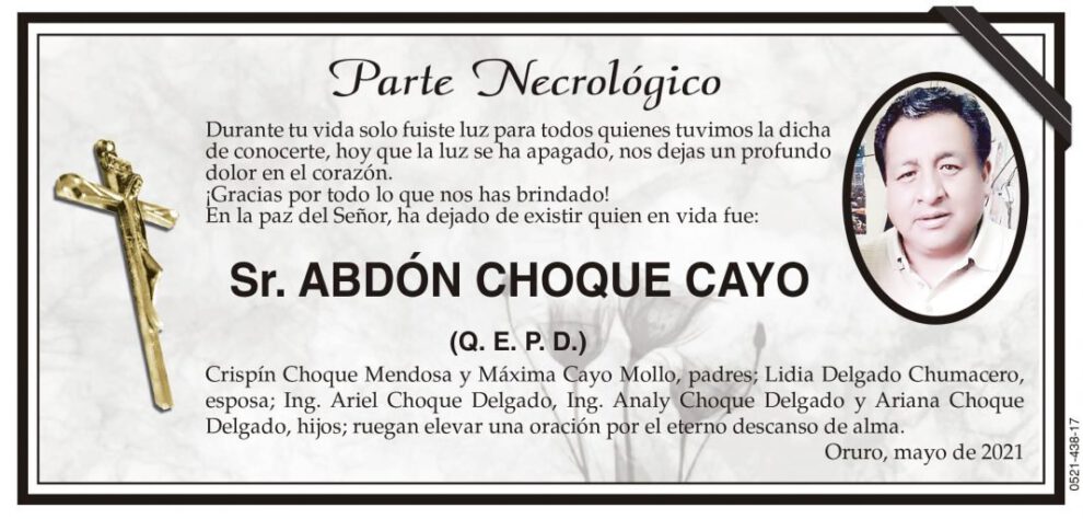 Parte Necrológico: Sr. Abdón Choque Cayo