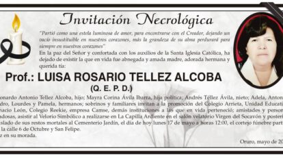 Invitación Necrológica: Prof.: LUISA ROSARIO TELLEZ ALCOBA