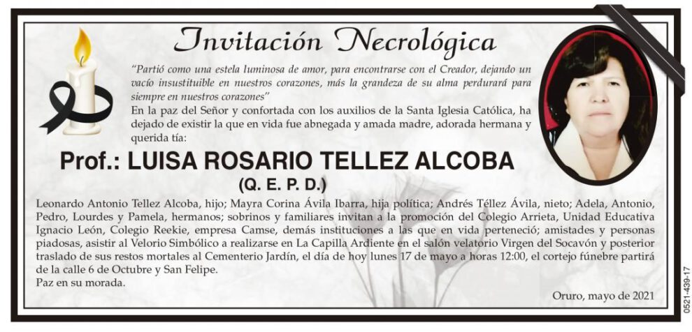 Invitación Necrológica: Prof.: LUISA ROSARIO TELLEZ ALCOBA