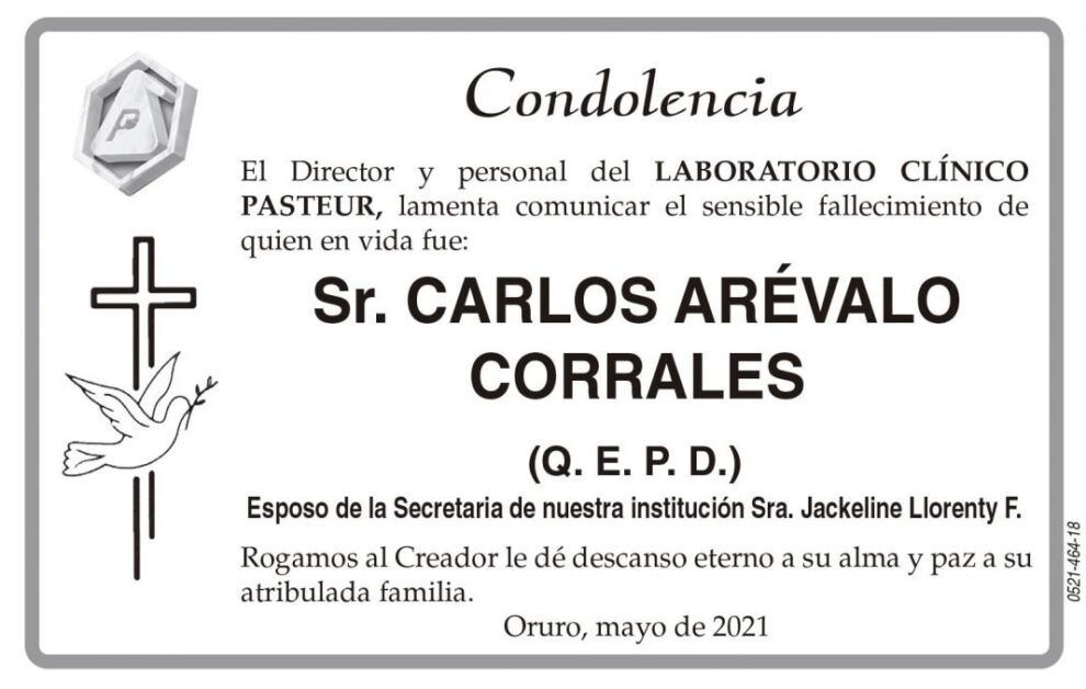 Condolencia por el fallecimiento de Carlos Arévalo Corrales