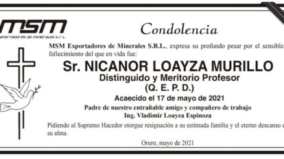 Condolencia por el fallecimiento de Nicanor Loayza Murillo