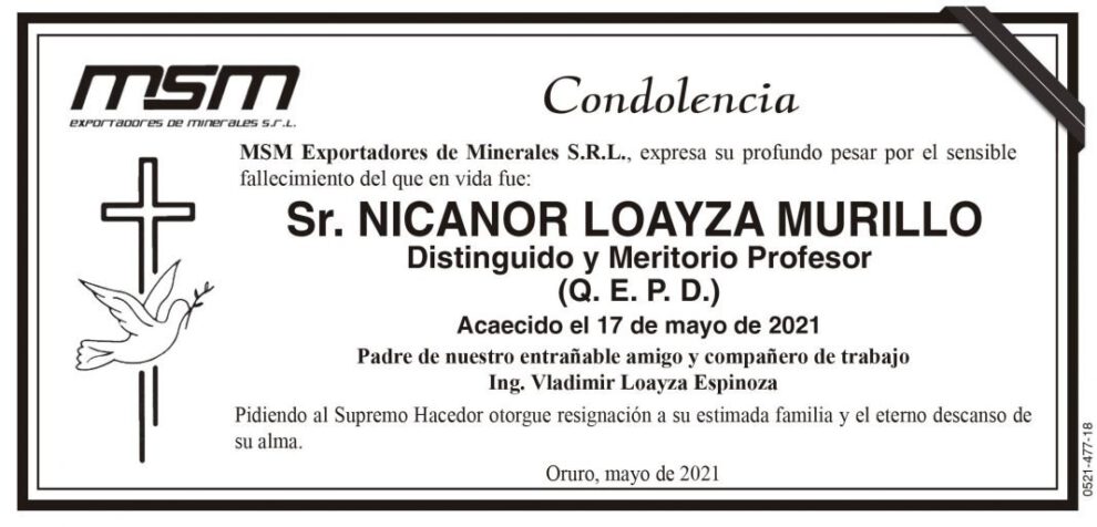 Condolencia por el fallecimiento de Nicanor Loayza Murillo