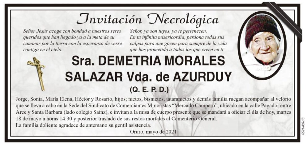Invitación Necrológica para Demetria Morales Salazar