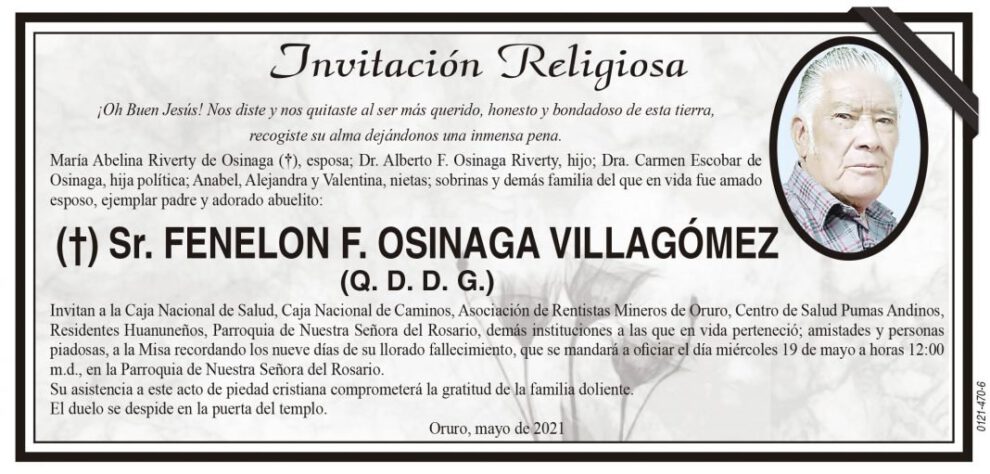 Invitación Religiosa para Fenelon F. Osinaga Villagómez