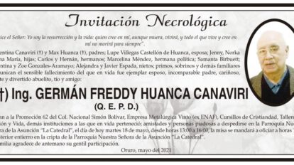 Invitación Necrológica Ing. Germán Freddy Huanca Canaviri