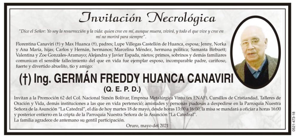 Invitación Necrológica Ing. Germán Freddy Huanca Canaviri