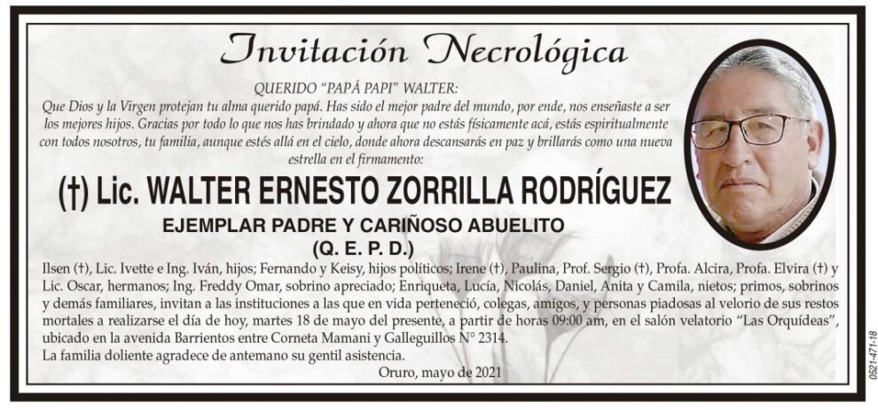 Lic. Walter Ernesto Zorrilla Rodríguez obituario
